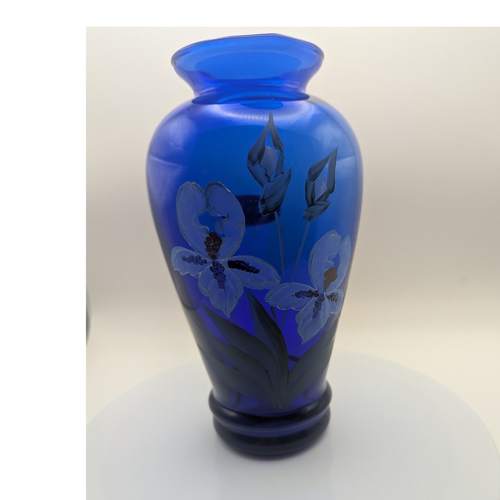 Pilgrim Glass Cobalt Blue Hand Painted Iris Flower Art Vase Signed USA Vintage